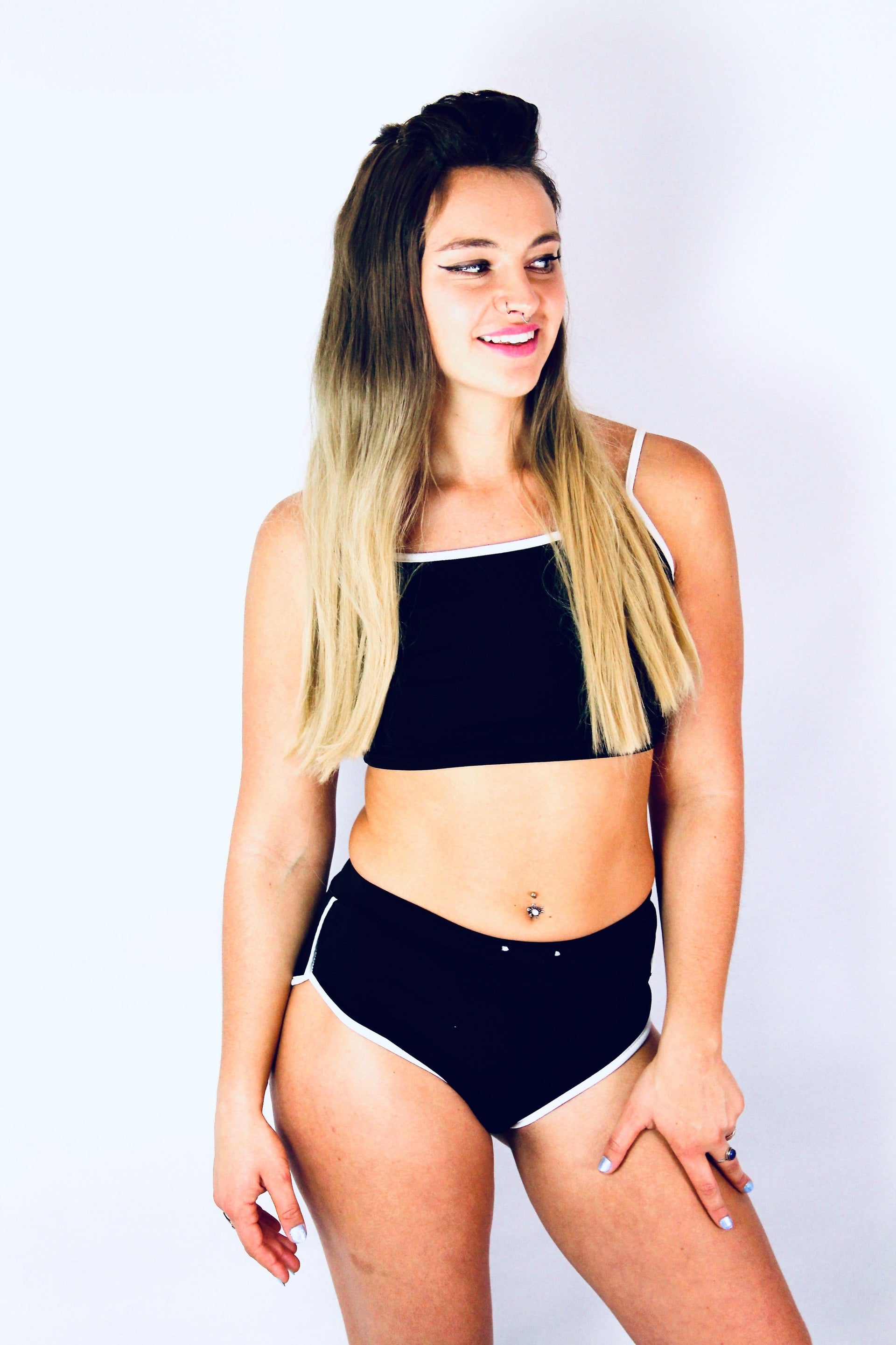 Two Piece Womens Sexy Retro Vibes Crop Top and Booty Shorts Workout Set - Cali Diamond