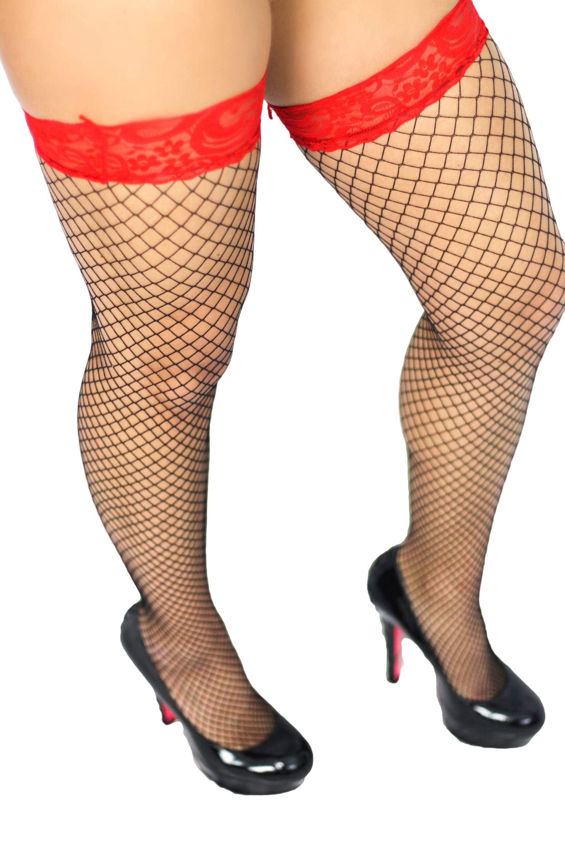 Black fishnet thigh highs sock / stockings with red elastic tops - Cali Diamond