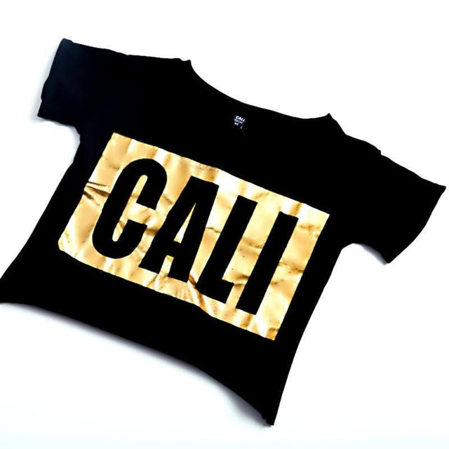 cali gold crop-top tee black tee with gold foil graphic - Cali Diamond