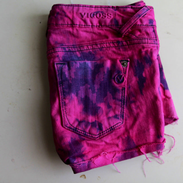 Hot pink acid wash upcycled denim shorts