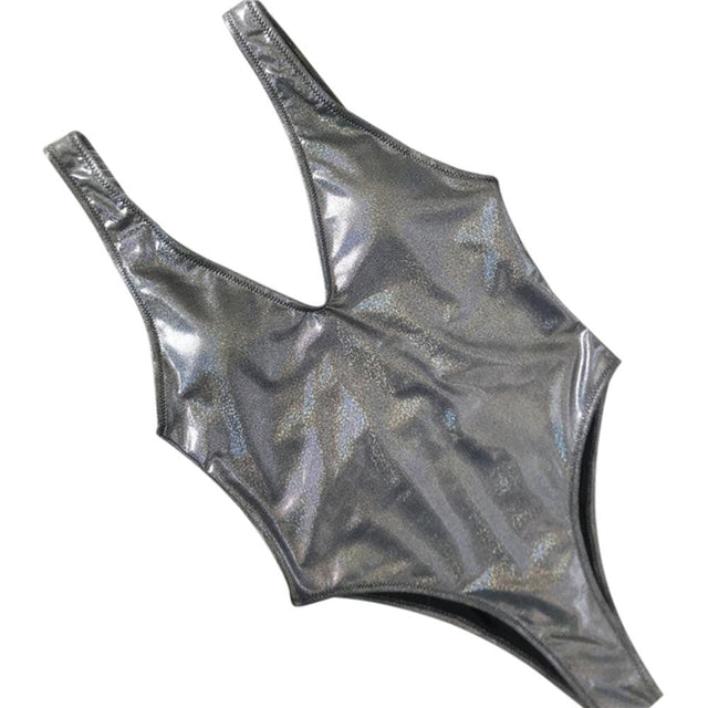 Silver holographic one piece thong swimwear - Cali Diamond